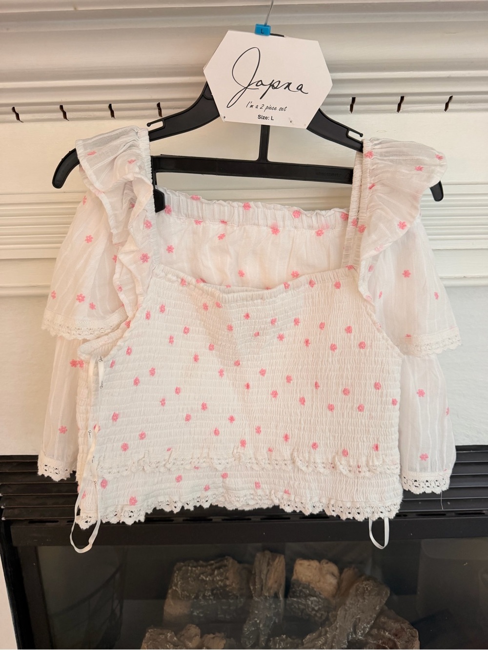 Japna White Two-Piece Tank Top & Tiered Skirt Set with Pink Floral Embroidery